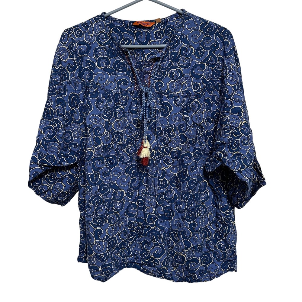 Rangriti Blouse Womens 36 Blue Swirl Cloud Print Boho Tassel Puff Sleeve Top